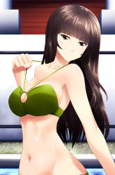 Rule 34 | 10s, 1girl, absurdres, bikini, bikini bottom only, blunt bangs, blurry, blurry background, breasts, closed mouth, commentary request, depth of field, girls und panzer, green bikini, half-closed eyes, head tilt, highres, long hair, looking at viewer, mature female, medium breasts, miraino tsubasa, navel, nishizumi shiho, partial commentary, smile, solo, standing, straight hair, strap lift, swimsuit, upper body