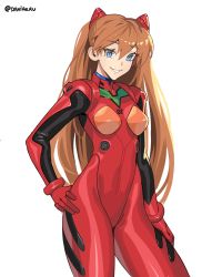 1girl, absurdres, bangs, blue eyes, bodysuit, breasts, brown hair, daniaeru, gloves, hair behind ear, hand on hip, hand on own thigh, head tilt, highres, interface headset, long hair, looking at viewer, neon genesis evangelion, parted lips, plugsuit, red gloves, small breasts, smile, solo, soryu asuka langley, two side up