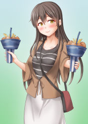 Rule 34 | 1girl, akagi (kancolle), anti (untea9), bag, bowl, breasts, brown eyes, brown hair, brown jacket, casual, collarbone, cup, disposable cup, drink, drinking straw, food, french fries, gradient background, green background, hair between eyes, highres, holding, holding cup, jacket, kantai collection, lips, long hair, long skirt, long sleeves, looking at viewer, meatball, medium breasts, shirt, skirt, smile, solo, straight hair, striped clothes, striped shirt, white skirt