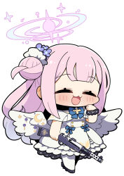 Rule 34 | 1girl, angel wings, black footwear, blue archive, blush, capelet, closed eyes, dress, feathered wings, flower, full body, gun, hair bun, hair flower, hair ornament, halo, highres, holding, holding gun, holding weapon, long hair, mika (blue archive), open mouth, pantyhose, pink hair, pink halo, plover, purple flower, shoes, simple background, single side bun, smile, solo, weapon, white background, white capelet, white dress, white pantyhose, white wings, wings