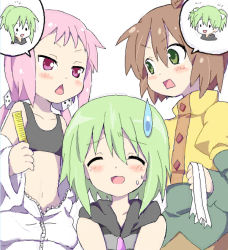 Rule 34 | 3girls, :&lt;, bad id, bad pixiv id, comb, closed eyes, green hair, hair ornament, hair ribbon, hairdressing, kl-chan, maruki (punchiki), mono (character), multiple girls, open mouth, original, pink eyes, pink hair, ponytail, punchiki (character), ribbon, short twintails, sweat, sweatdrop, triangle mouth, twintails