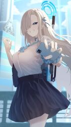 Rule 34 | 1girl, aqua bow, aqua bowtie, asuna (blue archive), asymmetrical bangs, blue archive, blush, bow, bowtie, breasts, cellphone, fingerless gloves, fingernails, floating hair, gloves, grin, hair over one eye, halo, highres, holding, holding phone, kagari viii, large breasts, light brown hair, long bangs, long hair, loose bowtie, nail polish, one eye covered, outdoors, over shoulder, phone, school uniform, scrunchie, shirt, shirt tucked in, smile, solo, very long hair, weapon, weapon over shoulder, white shirt, wrist scrunchie