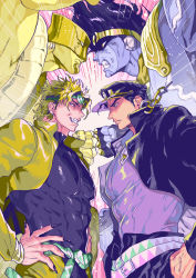 Rule 34 | 4boys, black hair, blonde hair, chain, dio brando, fang, hands on own hips, highres, jacket, jojo no kimyou na bouken, male focus, multiple boys, nitako, opposing sides, red eyes, shirt, stand (jojo), star platinum, stardust crusaders, the world, tight clothes, tight shirt, vampires, yellow jacket