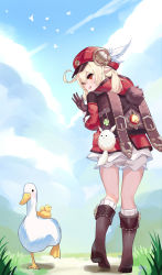 Rule 34 | 1girl, :d, absurdres, ahoge, backpack, bag, bag charm, bird, bloomers, blue sky, cabbie hat, charm (object), cloud, cloudy sky, clover print, commentary request, czk, duck, duckling, from behind, full body, genshin impact, hair between eyes, hat, head tilt, highres, hood, hooded coat, klee (genshin impact), light brown hair, long hair, long sleeves, looking at another, low twintails, open mouth, orange eyes, pointy ears, randoseru, sidelocks, sky, smile, twintails, underwear, walking, waving