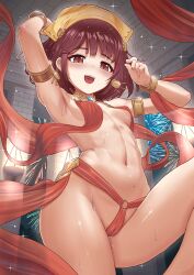 Rule 34 | 1girl, arm up, armlet, armpits, atelier (series), atelier sophie, bandana, bare shoulders, blush, bracelet, breast curtains, breasts, brown eyes, brown hair, cameltoe, carbon12th, cleft of venus, commentary, commission, dancer, earrings, english commentary, harem outfit, jewelry, looking at viewer, navel, neck ring, o-ring, open mouth, pixiv commission, revealing clothes, sash, short hair, small breasts, smile, solo, sophie neuenmuller, sweat, thighs