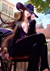 Rule 34 | 1girl, absurdres, black hair, building, chair, cloud, cloudy sky, crossed legs, day, fate/apocrypha, fate/grand order, fate (series), hair ornament, hand up, hat, highres, jewelry, leaf, long hair, mashuu (neko no oyashiro), necklace, open mouth, outdoors, pants, pointy ears, scan, semiramis (fate), simple background, sky, solo, table, yellow eyes