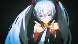 Rule 34 | 1girl, absurdres, aqua nails, bare shoulders, black background, black shirt, black sleeves, blue eyes, blue hair, blue necktie, commentary, detached sleeves, emoji, hair ornament, hands up, hara shoutarou, hatsune miku, headphones, headset, highres, holding, light smile, long hair, looking at viewer, nail polish, necktie, shirt, shoulder tattoo, sleeveless, sleeveless shirt, solo, symbol-only commentary, tattoo, thinking emoji, twintails, upper body, very long hair, vocaloid