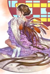 Rule 34 | 1girl, bare shoulders, brown eyes, brown hair, chinese zodiac, closed mouth, feathers, from side, geroro, hand up, japanese clothes, kimono, kimono pull, looking to the side, matching hair/eyes, nape, original, sitting, socks, solo, tabi, tail, white kimono, white socks, year of the rooster, yokozuwari