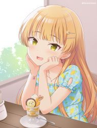 Rule 34 | 1girl, :d, blonde hair, blue dress, blush, bow, bow earrings, collarbone, commentary request, dress, earrings, fang, green eyes, hair ornament, hairclip, hands up, heart, heart hair ornament, heart necklace, idolmaster, idolmaster cinderella girls, idolmaster cinderella girls starlight stage, indoors, jewelry, jougasaki rika, kaiware-san, lemon print, long hair, looking at viewer, necklace, open mouth, print dress, puffy short sleeves, puffy sleeves, saucer, short sleeves, smile, solo, spoon, table, twitter username, very long hair