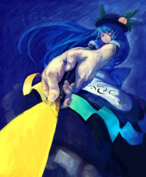 Rule 34 | 1girl, binayu, blue hair, female focus, food, foreshortening, fruit, hat, hinanawi tenshi, looking at viewer, outstretched arm, peach, puffy short sleeves, puffy sleeves, rainbow order, red eyes, short sleeves, solo, sword of hisou, touhou