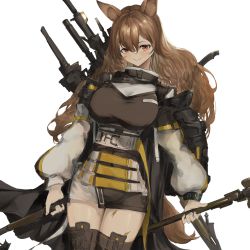 Rule 34 | 1girl, absurdres, animal ear fluff, animal ears, arknights, belt, black coat, black dress, black thighhighs, bracelet, breasts, brown hair, ceobe (arknights), closed mouth, coat, dog ears, dog girl, dog tail, dress, dual wielding, hair between eyes, highres, holding, holding weapon, infection monitor (arknights), jewelry, kajuu, large breasts, long hair, long sleeves, looking at viewer, open clothes, open coat, puffy long sleeves, puffy sleeves, red eyes, short dress, simple background, smile, solo, tail, thighhighs, very long hair, weapon, weapon on back, white background