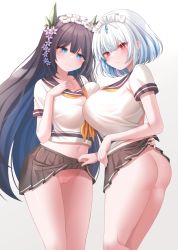 Rule 34 | 2girls, absurdres, ass, black hair, black sailor collar, black skirt, blue eyes, blue hair, breast press, breasts, cameltoe, closed mouth, clothes lift, colored inner hair, commission, flower, frown, gradient background, hair between eyes, hair flower, hair ornament, highres, honyang, korean commentary, large breasts, last origin, lifting another&#039;s clothes, long hair, maid headdress, midriff peek, multicolored hair, multiple girls, navel, no panties, oberonia rhea, pleated skirt, red eyes, sailor collar, school uniform, serafuku, shirt, short hair, simple background, skirt, skirt lift, smile, standing, titania frost, white background, white shirt