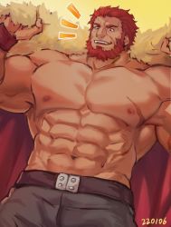 Rule 34 | 1boy, abs, bad id, bad twitter id, bara, beard, commentary request, facial hair, fate/grand order, fate/zero, fate (series), highres, iskandar (fate), large pectorals, male focus, mature male, muscular, muscular male, navel, nipples, pectorals, red eyes, red hair, sdz (inazuma), short hair, smile, solo, stomach, topless male