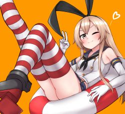 Rule 34 | 1girl, ass, blonde hair, blush, commentary, elbow gloves, gloves, hair between eyes, heart, highres, kantai collection, legs up, lifebuoy, long hair, looking at viewer, one eye closed, orange background, sailor collar, school uniform, serafuku, shimakaze (kancolle), simple background, sitting, smile, solo, striped clothes, striped thighhighs, swim ring, thighhighs, tiemu (man190), v, white gloves