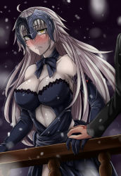 Rule 34 | 1boy, 1girl, ahoge, bare shoulders, black gloves, blush, breasts, cleavage, command spell, elbow gloves, fate/grand order, fate (series), frown, fujimaru ritsuka (male), gloves, handrail, headpiece, hetero, highres, holding hands, jeanne d&#039;arc (fate), jeanne d&#039;arc (ruler) (fate), jeanne d&#039;arc alter (avenger) (fate), jeanne d&#039;arc alter (fate), jeanne d&#039;arc alter (holy night supper) (fate), jpeg artifacts, large breasts, long hair, neck ribbon, night, pale skin, ribbon, sanmoto gorouzaemon, silver hair, snowing, solo focus, yellow eyes