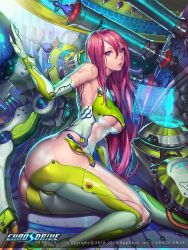 Rule 34 | 1girl, android, ass, breasts, chaos drive, highres, large breasts, long hair, looking at viewer, ozma, purple eyes, red hair, solo, underboob