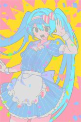 Rule 34 | 1girl, apron, back bow, black eyes, blue dress, blue hair, bow, buttons, confetti, cowboy shot, double-breasted, dress, frilled apron, frilled dress, frills, hand up, hatsune miku, highres, long hair, looking at viewer, mesmerizer (vocaloid), open mouth, pastel colors, pink background, puffy short sleeves, puffy sleeves, qn cmsn, sharp teeth, short sleeves, smile, solo, teeth, twintails, very long hair, vocaloid, waist apron, white apron, white bow, wing collar, wrist cuffs