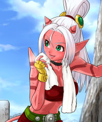 Rule 34 | 1girl, :d, belt, breasts, choker, cleavage, dragon quest, dragon quest x, fingerless gloves, gloves, green eyes, hair ornament, high ponytail, horns, large breasts, leaning forward, long hair, looking at viewer, maiyu (dq10), midriff, ogre (dq10), open mouth, pointy ears, smile, solo, spikes, sweat, tail, tattoo, towel, towel around neck, ur (wulfa), white hair