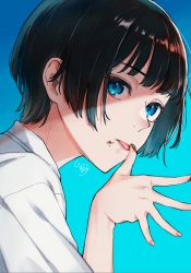 1girl, absurdres, aqua background, artist name, bangs, blue eyes, blunt bangs, chocolate, commentary, dress shirt, eyelashes, finger licking, food, food on face, food on finger, gradient, gradient background, hair strand, highres, licking, looking at viewer, looking to the side, messy, nail polish, original, pink nails, piroshiki123, portrait, shaded face, shadow, shirt, short hair, signature, spread fingers, tongue, white shirt
