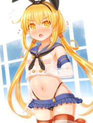 Rule 34 | 1girl, absurdres, black neckerchief, black panties, blonde hair, blue sailor collar, blue skirt, blush, collarbone, cosplay, cowboy shot, crop top, elbow gloves, fang, flying sweatdrops, gloves, hair between eyes, heart, highleg, highleg panties, highres, kantai collection, long hair, low twintails, microskirt, navel, neckerchief, open mouth, panties, pleated skirt, sailor collar, satsuki (kancolle), school uniform, serafuku, shimakaze (kancolle), shimakaze (kancolle) (cosplay), skirt, sleeveless, solo, striped clothes, striped thighhighs, suzushiro (gripen39), thighhighs, twintails, underwear, white gloves, yellow eyes
