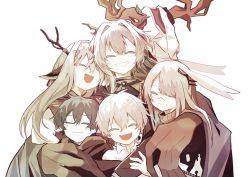 Rule 34 | aged down, animal ears, antlers, arknights, child, closed eyes, deer antlers, demon boy, dragon girl, dragon horns, father and daughter, faust (arknights), frostnova (arknights), happy, highres, horns, hug, mephisto (arknights), patriot (arknights), pointy ears, rabbit ears, rabbit girl, scar, smile, talulah (arknights), white background