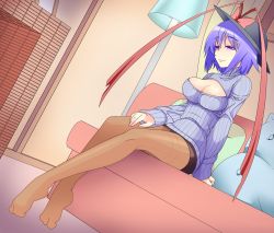 Rule 34 | 1girl, alternate costume, arm support, breasts, brown pantyhose, chimney, contemporary, couch, dutch angle, female focus, hair between eyes, hat, indoors, lamp, large breasts, legs, light smile, meme attire, miniskirt, nagae iku, open-chest sweater, pantyhose, pencil skirt, purple eyes, purple hair, ribbed sweater, sitting, skirt, solo, sweater, tamuhi, thighband pantyhose, touhou, turtleneck
