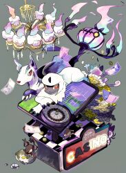 Rule 34 | absol, alolan form, alolan meowth, alolan rattata, animal focus, black fur, chandelier, chandelure, checkered floor, claws, coin, creatures (company), english text, fire, forehead jewel, game freak, gen 3 pokemon, gen 5 pokemon, gen 7 pokemon, grey background, grey fur, highres, horns, litwick, lying, mightyena, mouse (animal), nintendo, no humans, on stomach, pokemon, pokemon (creature), red eyes, rock, simple background, single horn, tail, two-tone fur, umipokemori, white fur, yellow eyes
