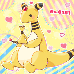 Rule 34 | ampharos, blush, closed mouth, commentary request, commission, creatures (company), game freak, gen 2 pokemon, heart, looking down, nintendo, no humans, outline, pokedex number, pokemon, pokemon (creature), sitting, skeb commission, smile, soumendaze, yellow background
