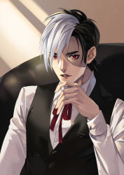 Rule 34 | 1boy, absurdres, black hair, black jack (character), black jack (series), highres, indoors, kitikumeganer, light, long sleeves, looking at viewer, male focus, parted lips, red eyes, red ribbon, ribbon, shirt, sitting, solo, stitches, upper body, vest, white hair, white shirt