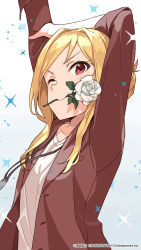 Rule 34 | 1girl, blazer, blonde hair, flower, highres, idolmaster, idolmaster million live!, idolmaster million live! theater days, jacket, jewelry, long hair, looking at viewer, momose rio, necklace, official art, one eye closed, red eyes, rose, solo, three sisters cafe (idolmaster), white day, white flower, white rose