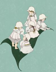 Rule 34 | 5girls, barefoot, blonde hair, braid, brown hair, buttons, dress, flower, flower hat, frilled dress, frills, hair ribbon, hat, highres, holding, holding flower, leaf, lily of the valley, long hair, long sleeves, mini person, minigirl, multiple girls, no shoes, nojikashi, on leaf, original, pantyhose, personification, ribbed pantyhose, ribbon, short hair, simple background, sitting, standing, white dress, white flower, white hat, white pantyhose, yellow ribbon