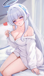 Rule 34 | 1girl, bare shoulders, blue archive, blush, breasts, cleavage, collarbone, commentary request, curtains, dress shirt, feet out of frame, grey hair, halo, headgear, heart, highres, large breasts, long hair, long sleeves, looking at viewer, naked shirt, nezumi (09261377), noa (blue archive), nose blush, on bed, parted lips, pillow, puffy long sleeves, puffy sleeves, purple eyes, shirt, sitting, sleeves past wrists, solo, very long hair, white shirt
