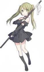 Rule 34 | 1girl, bare shoulders, black dress, black socks, blush, detached sleeves, dress, eyebrows, full body, green eyes, green hair, hijiri (resetter), holding, holding weapon, kneehighs, looking at viewer, mary janes, matching hair/eyes, open mouth, original, shoes, simple background, sketch, sleeves past wrists, socks, solo, staff, twintails, weapon, white background
