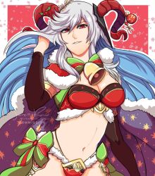 Rule 34 | 1girl, alternate costume, arm up, armor, bell, bikini, bikini armor, blue hair, breasts, cape, christmas ornaments, cleavage, cosplay, cowboy shot, curled horns, fire emblem, fire emblem heroes, flower, freyja (fire emblem), fur trim, goat horns, green ribbon, grey hair, hair ornament, hand in own hair, highres, horns, large breasts, long hair, looking at viewer, mature female, midriff, multicolored hair, navel, neck bell, nintendo, open mouth, panty straps, red cape, red eyes, red horns, ribbon, sierra117renner, simple background, smug, snowflake background, solo, star (symbol), star print, swimsuit, tharja (fire emblem), tharja (fire emblem) (cosplay), thighs