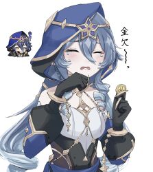 Rule 34 | 1girl, artist name, bare shoulders, belt, black gloves, blue belt, blue hair, blush, breasts, closed eyes, coin, crying, crystal, detached sleeves, drill hair, genshin impact, genshin impact sticker redraw (meme), gloves, gold trim, hair between eyes, hands up, highres, holding, holding coin, layla (genshin impact), long hair, long sleeves, medium breasts, meme, open mouth, ponytail, puffy detached sleeves, puffy long sleeves, puffy sleeves, sae ki 3105, shirt, sidelocks, solo, star (symbol), tears, thighlet, triangle, white shirt