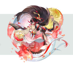 Rule 34 | 2girls, absurdres, bare shoulders, barefoot, bell, black hair, blonde hair, closed eyes, closed mouth, copyright request, floating hair, flower (symbol), folding fan, full body, hair ornament, hair tie, hand fan, highres, holding hands, horned mask, horns, japanese clothes, jewelry, kimono, long hair, mask, multiple girls, oil-paper umbrella, oni horns, petals, ruoganzhao, umbrella, very long hair, wide sleeves