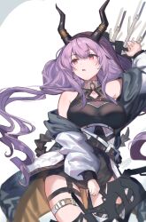 Rule 34 | 1girl, absurdres, arknights, arrow (projectile), black dress, bow (weapon), breasts, chinese commentary, commentary request, dress, hand up, highres, holding, holding bow (weapon), holding weapon, jacket, large breasts, long hair, looking to the side, mabing, parted lips, pink eyes, purple hair, sidelocks, simple background, sleeveless, sleeveless dress, solo, thigh strap, typhon (arknights), weapon, white background, white jacket