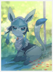 Rule 34 | blurry, border, closed mouth, clothed pokemon, creatures (company), day, frills, full body, game freak, gen 4 pokemon, glaceon, glaceon (tea party), green eyes, highres, kikuyoshi (tracco), nintendo, no humans, outdoors, petals, pokemon, pokemon (creature), pokemon unite, solo, white border