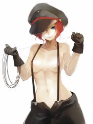 Rule 34 | 1girl, areola slip, bakuretsu hunters, black gloves, blue eyes, breasts, breasts apart, chocolate misu, collarbone, contrapposto, cowboy shot, gloves, hair over one eye, hat, highres, holding, large breasts, looking at viewer, naked suspenders, naughty face, navel, one eye covered, open fly, pale skin, parody, peaked cap, red hair, revealing clothes, settyaro, short hair, simple background, smile, solo, standing, suspenders, the night porter, topless, unzipped, white background, wire