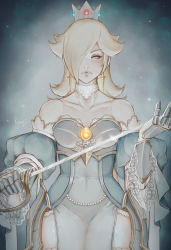 Rule 34 | 1girl, alternate costume, blue dress, covered navel, crown, dress, earrings, gauntlets, grey eyes, hair over one eye, highres, jewelry, kumanz, lace trim, looking at viewer, mario (series), necklace, nintendo, platinum blonde hair, rapier, rosalina, see-through, serious, signature, solo, star (symbol), star earrings, super mario galaxy, sword, weapon
