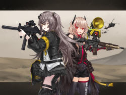 Rule 34 | 2girls, :d, aircraft, assault rifle, banana (girls&#039; frontline), black jacket, black jumpsuit, black legwear, black skirt, brown eyes, brown hair, character name, commentary request, dinergate (girls&#039; frontline), dress shirt, girls&#039; frontline, gun, h&amp;k ump, hair between eyes, hair ornament, headgear, helicopter, highres, holding, holding gun, holding weapon, ivan wang, jacket, jumpsuit, long hair, long sleeves, m4 carbine, m4 sopmod ii (girls&#039; frontline), m4 sopmod ii (mod3) (girls&#039; frontline), mod3 (girls&#039; frontline), multicolored hair, multiple girls, name connection, object namesake, one eye closed, one side up, open clothes, open jacket, open mouth, parted lips, pleated skirt, puffy long sleeves, puffy sleeves, red eyes, red hair, rifle, sand, scar, scar across eye, scar on face, shirt, short jumpsuit, skirt, smile, standing, streaked hair, thighhighs, ump45 (girls&#039; frontline), ump45 (mod3) (girls&#039; frontline), very long hair, weapon, white shirt