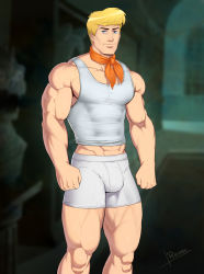 Rule 34 | 1boy, ascot, bara, bare arms, blonde hair, blouse, commentary, english commentary, fred jones, highres, large pectorals, looking at viewer, male focus, muscular, muscular male, pectorals, puffy chest, reiner55, scarf, scooby-doo, shirt, short hair, solo, white shirt