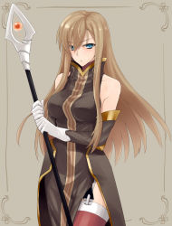 Rule 34 | 00s, 1girl, bad id, bad pixiv id, blue eyes, breasts, brown background, brown hair, brown theme, dress, elbow gloves, gloves, large breasts, long hair, prime, side slit, solo, staff, tabard, tales of (series), tales of the abyss, tear grants, thighhighs