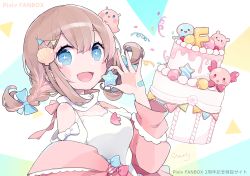 Rule 34 | + +, 1girl, axolotl, bandaid, bare shoulders, blue eyes, blue nails, braid, breasts, brown hair, cake, chon (chon33v), clothing cutout, commentary request, confetti, cookie, food, hair between eyes, hand up, highres, holding, jacket, long hair, looking at viewer, macaron, nail polish, octopus, off shoulder, open clothes, open jacket, original, pennant, pink jacket, shell hair ornament, shirt, shoulder cutout, signature, small breasts, solo, star (symbol), streamers, string of flags, translation request, twin braids, umbrella octopus, upper body, white background, white shirt