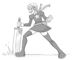 Rule 34 | 1girl, annie (skullgirls), arc system works, attack, belt, belt pouch, boots, braid, clenched hand, dress, fighting stance, greyscale, guilty gear, hair over eyes, image sample, lowres, monochrome, parody, pouch, rittesora, skullgirls, sol badguy, star (symbol), sword, thigh boots, thighhighs, tumblr sample, twin braids, weapon, zettai ryouiki