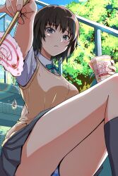 1girl absurdres amagami ass black_hair black_skirt black_socks blue_bow blue_bowtie blue_panties blue_sky blush bow bowtie brand_name_imitation breasts brown_sweater_vest chopsticks closed_mouth day feet_out_of_frame food grey_hair highres holding holding_chopsticks incoming_food kamaboko kibito_high_school_uniform looking_at_viewer medium_breasts nanasaki_ai narutomaki nissin_cup_noodle outdoors panties pantyshot pleated_skirt railing ranmaru_(jackpot_1123) reaching reaching_towards_viewer revision school_uniform shirt short_hair sitting sitting_on_stairs skirt sky socks solo stairs striped_clothes striped_panties sweater_vest thighs tree underwear water_drop white_shirt