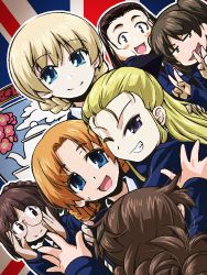 Rule 34 | 10s, 6+girls, adjusting eyewear, assam (girls und panzer), black ribbon, blonde hair, blue eyes, blue sweater, braid, brown eyes, brown hair, closed mouth, crown braid, darjeeling (girls und panzer), dress shirt, dutch angle, emblem, extra, girls und panzer, glasses, grin, hair pulled back, hair ribbon, hair tie, hug, light smile, long sleeves, looking at viewer, multiple girls, nilgiri (girls und panzer), one eye closed, open mouth, orange hair, orange pekoe (girls und panzer), parted bangs, portrait, r-ex, ribbon, round eyewear, rukuriri (girls und panzer), school uniform, selfie, shirt, short twintails, smile, st. gloriana&#039;s (emblem), st. gloriana&#039;s school uniform, sweater, twin braids, twintails, union jack, v-neck, white shirt