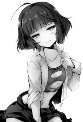 Rule 34 | 1girl, ahoge, ai takurou, blunt bangs, blush, bra, breasts, cleavage, collarbone, collared shirt, greyscale, half-closed eyes, holding, kantai collection, kishinami (kancolle), looking at viewer, monochrome, navel, open clothes, open mouth, open shirt, shirt, short hair, simple background, skirt, smile, solo, sports bra, sweat, torn clothes, torn sports bra, underwear, wavy hair, white background