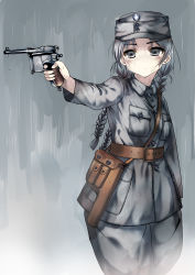 Rule 34 | 1girl, absurdres, arm at side, belt, blue hair, braid, commentary request, cowboy shot, crying, crying with eyes open, expressionless, grey background, grey eyes, gun, handgun, hat, hat pin, highres, holster, looking at viewer, military, military hat, military uniform, original, outstretched arm, rain, republic of china flag, samazuka mashiro, short hair, soldier, solo, standing, tears, twin braids, uniform, weapon, weapon request, world war ii