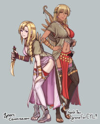 Rule 34 | 2girls, artist name, blonde hair, bow (weapon), braid, breasts, brown eyes, brown thighhighs, cm lynarc, commentary, dark-skinned female, dark skin, earrings, english commentary, fingerless gloves, fire emblem, fire emblem: the binding blade, fire emblem: the blazing blade, fire emblem heroes, full body, gloves, grey background, hair ornament, highres, holding, holding knife, igrene (fire emblem), jewelry, knife, large breasts, looking at viewer, louise (fire emblem), medium breasts, midriff, multiple girls, nintendo, official alternate costume, pelvic curtain, puffy short sleeves, puffy sleeves, purple eyes, short sleeves, single glove, smile, tassel, tassel hair ornament, thighhighs, toeless legwear, weapon